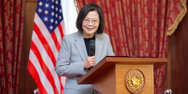 In this photo released by the Taiwan Presidential Office, Taiwan's President Tsai Ing-wen, speaks at a luncheon during a visit by a Congressional delegation to Taiwan in Taipei, Taiwan, Saturday, April 8, 2023.