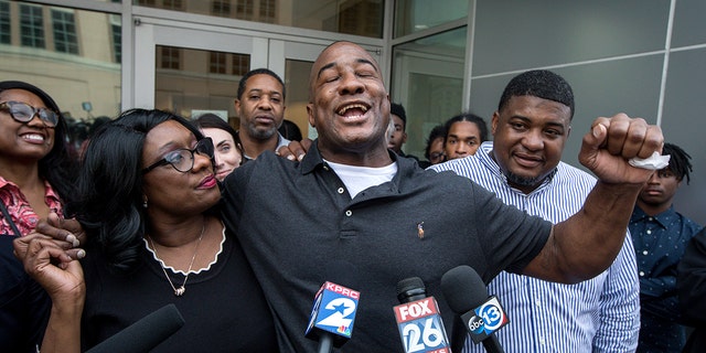 Lydell Grant, center, was released from prison on Nov. 26, 2019, after new evidence cleared him in a 2010 fatal stabbing. 