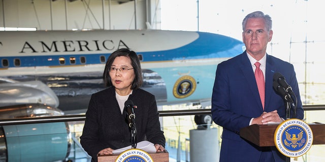 House Speaker Kevin McCarthy, R-Calif., right, and Taiwanese President Tsai Ing-wen deliver statements to the press after a Bipartisan Leadership Meeting at the Ronald Reagan Presidential Library in Simi Valley, Calif., Wednesday, April 5, 2023. China’s military sent several dozen warplanes and 11 warships toward Taiwan in a display of force directed at the self-ruled island, Taiwan’s Defense Ministry said Monday, April 10, after China launched large-scale military drills in retaliation for a meeting between the U.S. House of Representatives speaker and Taiwan's President.  