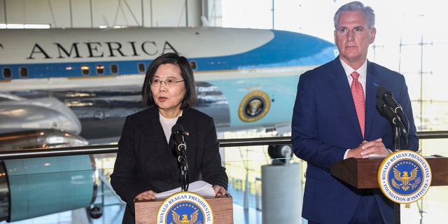 House Speaker Kevin McCarthy, R-Calif., right, and Taiwanese President Tsai Ing-wen deliver statements to the press after a Bipartisan Leadership Meeting at the Ronald Reagan Presidential Library in Simi Valley, Calif., Wednesday, April 5, 2023. China’s military sent several dozen warplanes and 11 warships toward Taiwan in a display of force directed at the self-ruled island, Taiwan’s Defense Ministry said Monday, April 10, after China launched large-scale military drills in retaliation for a meeting between the U.S. House of Representatives speaker and Taiwan's President.  