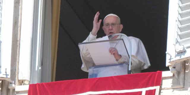 Pope Francis delivers a blessing during the Regina Coeli prayer in St. Peters Square, at the Vatican on April 10, 2023.