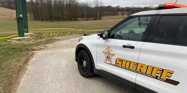 The scene of a fatal shooting in Mitchell, Indiana, is shown on Feb. 5, 2023. A prosecutor has cleared two Indiana law enforcement officers of any criminal wrongdoing in a fatal shooting in the fatal shooting of Anthony Richmond.