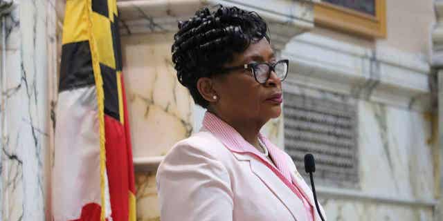 Maryland House Speaker Adrienne Jones presides over debate during the last day of the states legislative session, on April 10, 2023, in Annapolis, Maryland. 