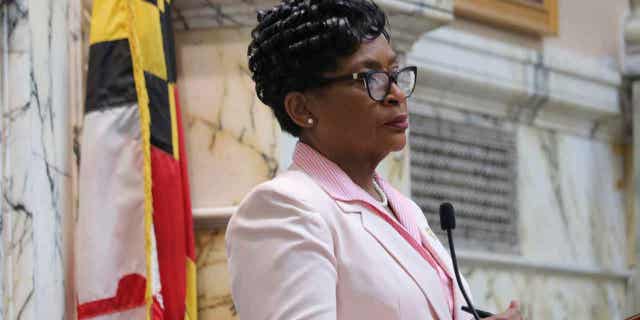 Maryland House Speaker Adrienne Jones presides over debate during the last day of the states legislative session, on April 10, 2023, in Annapolis, Maryland.
