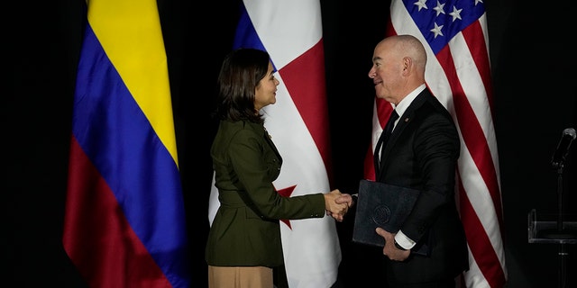 U.S. Homeland Security Secretary Alejandro Mayorkas, right, and Panama's Foreign Minister Janaina Tewaney shake hands after a joint declaration on immigration at the Foreign Ministry in Panama City, Tuesday, April 11, 2023. 