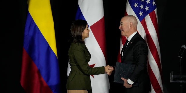 U.S. Homeland Security Secretary Alejandro Mayorkas, right, and Panama's Foreign Minister Janaina Tewaney shake hands after a joint declaration on immigration at the Foreign Ministry in Panama City, Tuesday, April 11, 2023. 