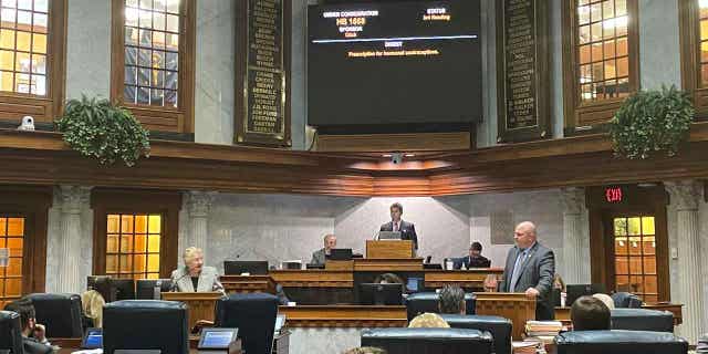 GOP Sen. Tyler Johnson, right, questions Sen. Sue Glick, the sponsor of a House bill, at the Indiana Statehouse on April 11, 2023, in Indianapolis. Senators sent the bill, which would allow pharmacists to prescribe birth control, to the states' governor after a lengthy debate.