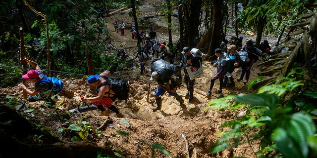 FILE - Migrants, mostly Venezuelans, walk across the Darien Gap from Colombia into Panama hoping to reach the U.S. on Oct. 15, 2022. 
