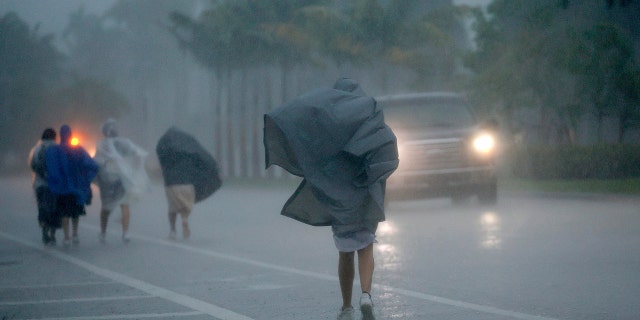 A group of people in raincoats walk east along Hollywood Blvd. in the pouring rain on Wednesday, April 12, 2023, in Hollywood, Fla. 