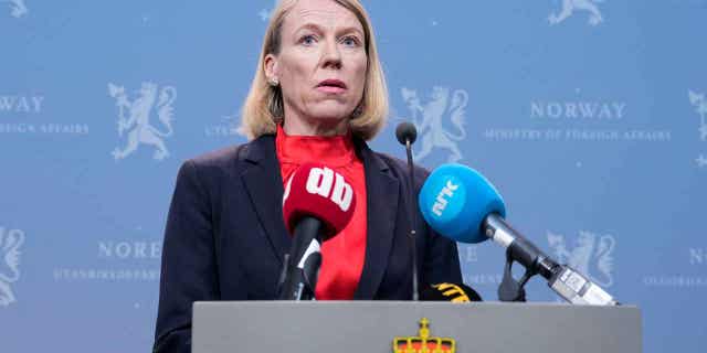 Norway's Foreign Minister Anniken Huitfeldt holds a press conference at the Foreign Ministry in Oslo, Norway, on April 13, 2023. Huitfeldt says her country's government expelled 15 Russian diplomats because they were suspected of spying while working at the Russian Embassy in Oslo.