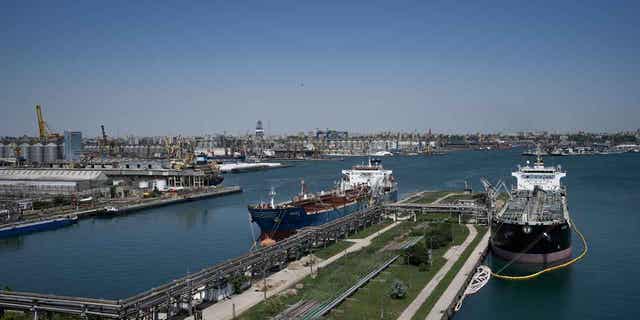 Ships are docked in the Black Sea port of Constanta, Romania, on June 21, 2022. Romania, Ukraine, and Moldova signed an agreement on April 13, 2023, in Romania's capital to strengthen security in the Black Sea region to counter threats posed by Russia.