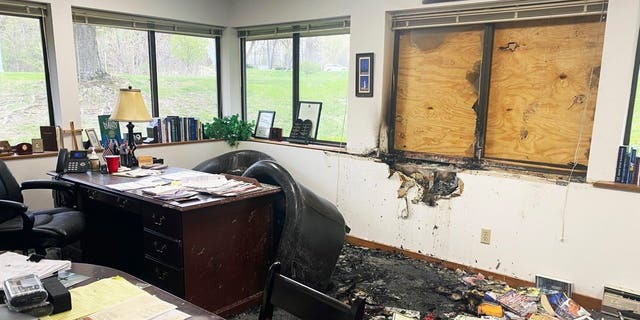 Damage is seen in the interior of the Wisconsin Family Action headquarters in Madison, Wisconsin, on May 8, 2022.