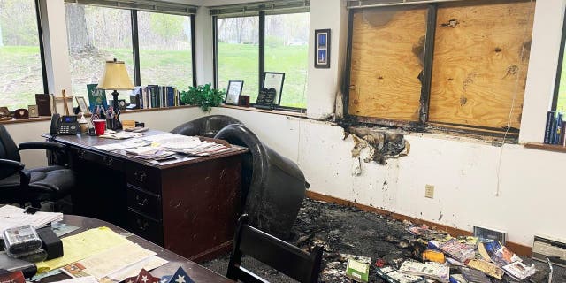 Damage is seen in the interior of the Wisconsin Family Action headquarters in Madison, Wisconsin, on May 8, 2022.