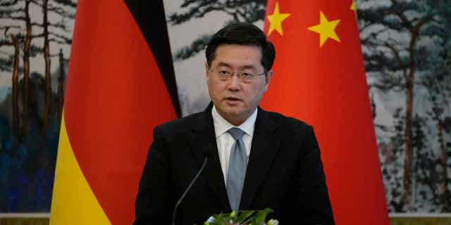 Chinese Foreign Minister Qin Gang speaks during a joint press conference at the Diaoyutai State Guesthouse in Beijing, China, April 14, 2023. Gang claimed China will not provide weapons to either side in the war in Ukraine.