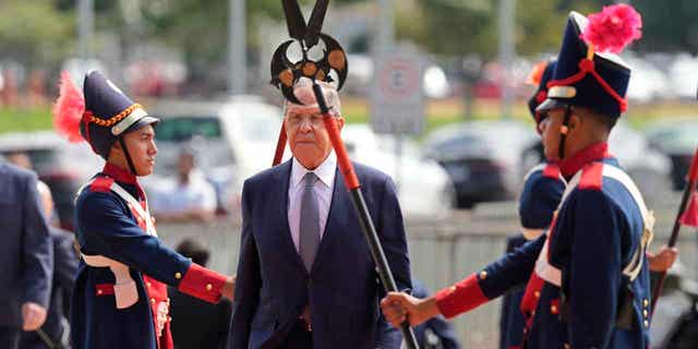 Russia's Foreign Minister Sergey Lavrov arrives at the Itamaraty Palace in Brasilia, Brazil, on April 17, 2023. 