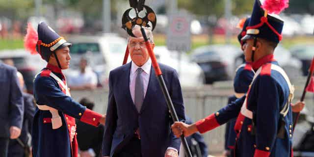 Russia's Foreign Minister Sergey Lavrov arrives at the Itamaraty Palace in Brasilia, Brazil, on April 17, 2023.