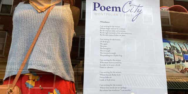 A poem is displayed in a store window on April 1, 2023 in Montpelier, Vermont. The city goes all out during National Poetry Month each April, with hundreds of poems by Vermonters in window displays, readings, and workshops.