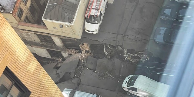 This photo provided by Charlie Franklin shows the partially collapsed parking garage in Lower Manhattan's Financial District, Tuesday, April 18, 2023.