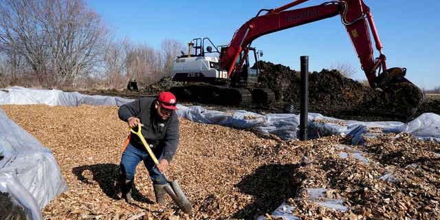 A worker shovels wood chips into a bioreactor