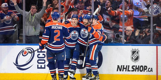 Oilers celebrate a first period goal