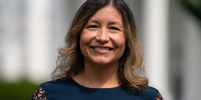 Julie Rodriguez smiling in a navy blue dress