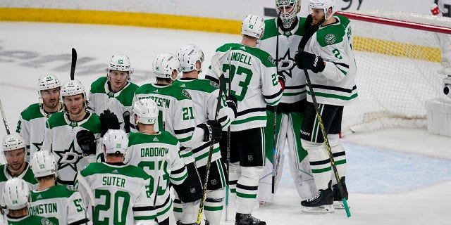 The Dallas Stars celebrate a victory