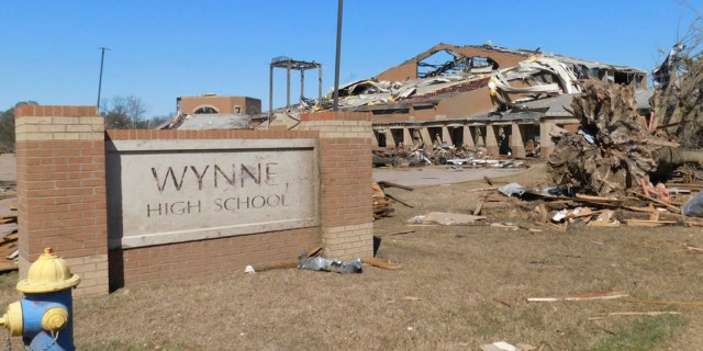 Damage is seen at Wynne High School early Saturday, April 1, 2023, in Wynne, Ark., following severe weather the previous night. 