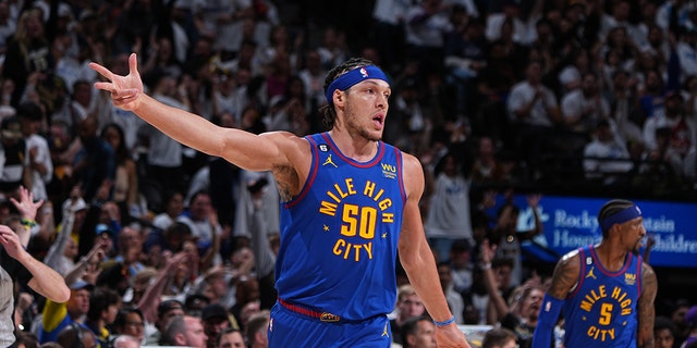 Aaron Gordon #50 of the Denver Nuggets celebrates a three point basket during Round One Game One of the 2023 NBA Playoffs against the Minnesota Timberwolves on April 16, 2023 at the Ball Arena in Denver, Colorado. 