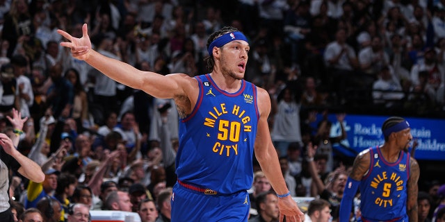 Aaron Gordon #50 of the Denver Nuggets celebrates a three point basket during Round One Game One of the 2023 NBA Playoffs against the Minnesota Timberwolves on April 16, 2023 at the Ball Arena in Denver, Colorado.