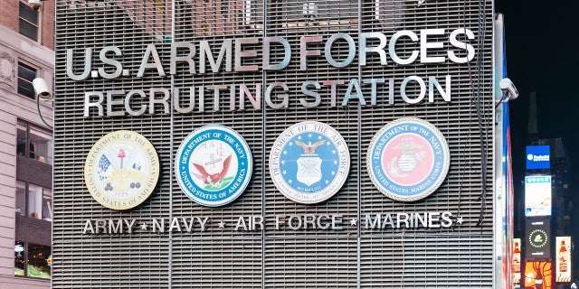 A recruiting station in Times Square, New York City. The military has been struggling to find new recruits among today's youth.