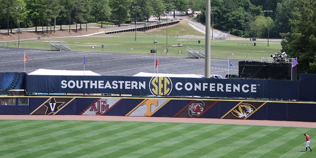The SEC logo in a first round game of the 2015 SEC baseball tournament between Alabama and Ole Miss. 