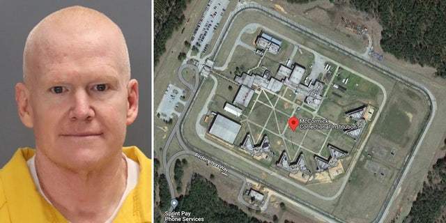 Alex Murdaugh booking photo next to an aerial shot of the McCormick Correction Institution