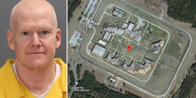 Alex Murdaugh booking photo next to an aerial shot of the McCormick Correction Institution