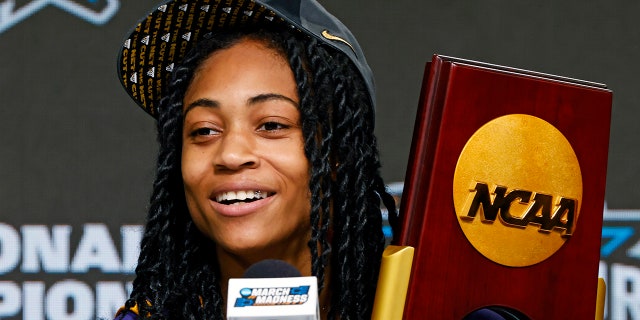 LSU's Alexis Morris speaks during a press conference after the championship game on April 2, 2023, in Dallas.