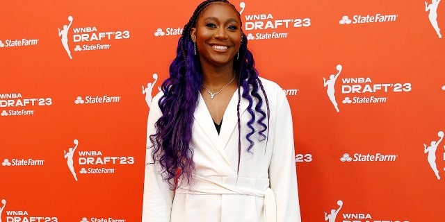 Aliyah Boston poses for a photo on the Orange Carpet prior to the 2023 WNBA Draft at Spring Studios on April 10, 2023 in New York City. NOTE TO USER: User expressly acknowledges and agrees that, by downloading and or using this photograph, User is consenting to the terms and conditions of the Getty Images License Agreement.