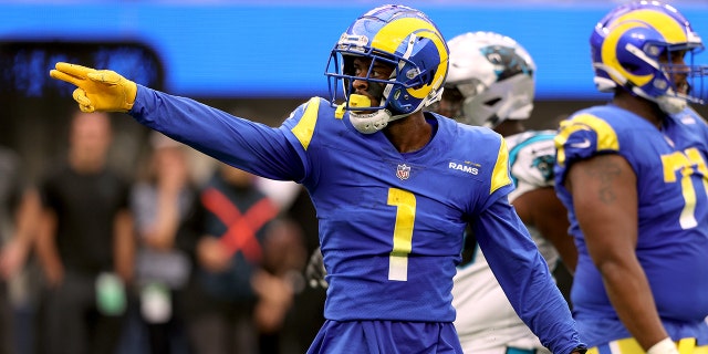 Allen Robinson II of the Los Angeles Rams celebrates a catch for a first down during a 24-10 win over the Carolina Panthers at SoFi Stadium Oct. 16, 2022, in Inglewood, Calif.