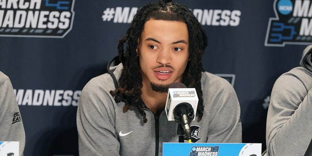 Alyn Breed of the Providence Friars addresses the media ahead of the NCAA Mens Basketball Tournament on March 16, 2023 in Greensboro, North Carolina.