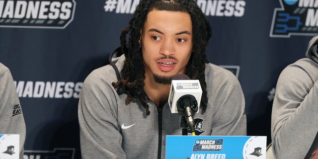 Alyn Breed of the Providence Friars addresses the media ahead of the NCAA Mens Basketball Tournament on March 16, 2023 in Greensboro, North Carolina.