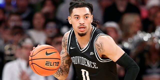 Providence Friars' Alyn Breed dribbles during a Connecticut Huskies game at Madison Square Garden on March 9, 2023.