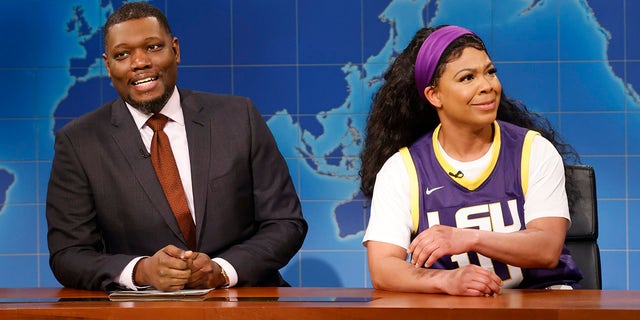 Host Michael Che and Punkie Johnson as Angel Reese during the Weekend Update on Saturday, April 8, 2023.