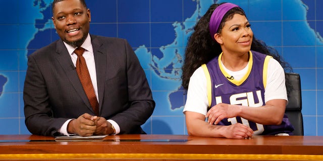 Host Michael Che and Punkie Johnson as Angel Reese during the Weekend Update on Saturday, April 8, 2023.