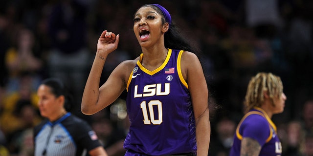 Angel Reese #10 of the LSU Lady Tigers reacts during the fourth quarter against the Iowa Hawkeyes during the 2023 NCAA Women's Basketball Tournament championship game at American Airlines Center on April 02, 2023 in Dallas, Texas.
