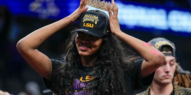 LSU's Angel Reese reacts after the NCAA Women's Final Four championship basketball game against Iowa Sunday, April 2, 2023, in Dallas. 