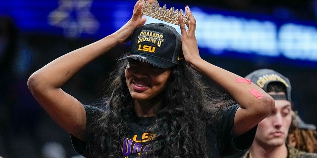 LSU's Angel Reese reacts after the NCAA Women's Final Four championship basketball game against Iowa Sunday, April 2, 2023, in Dallas.
