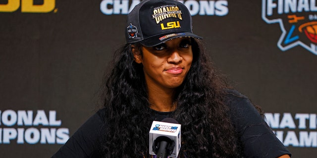 Angel Reese speaks during a news conference after the LSU Lady Tigers beat the Iowa Hawkeyes during the NCAA championship game on April 2, 2023 in Dallas.
