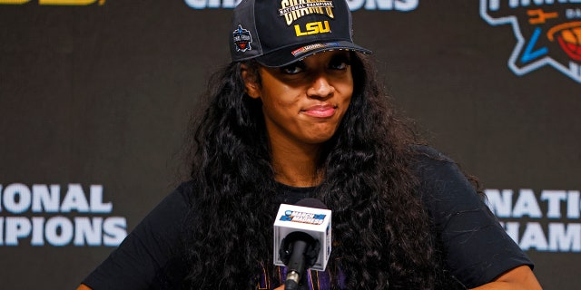 Angel Reese speaks during a news conference after the LSU Lady Tigers beat the Iowa Hawkeyes during the NCAA championship game on April 2, 2023 in Dallas.
