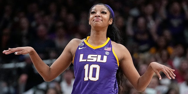 LSU's Angel Reese celebrates after an NCAA women's Final Four game against Virginia Tech March 31, 2023, in Dallas, Texas.