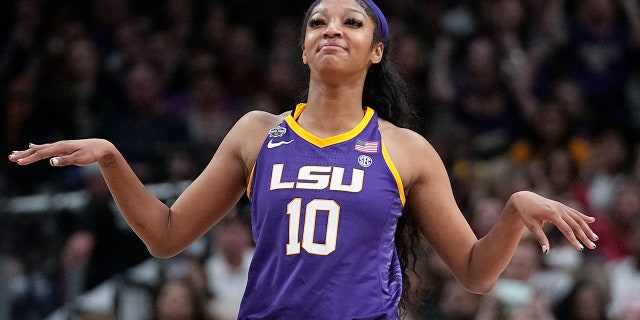 LSU's Angel Reese celebrates after an NCAA Women's Final Four semifinals basketball game against Virginia Tech Friday, March 31, 2023, in Dallas.