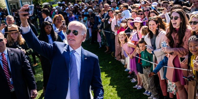 President Biden greets guest and take selfies during the 2023 White House Easter Egg Roll on the South Lawn of the White House on Monday, April 10, 2023. 