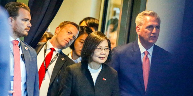 House Speaker Kevin McCarthy, R-Calif., right, and Taiwanese President Tsai Ing-wen, second from right, arrive at a bipartisan leadership meeting at the Ronald Reagan Presidential Library in Simi Valley, California, on April 5, 2023.
